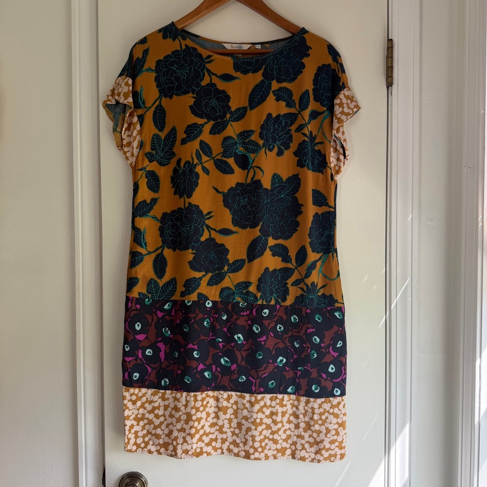 Boden Women Mustard Floral Polka Dot Patchwork Viscose Shift Dress WH877 US 4L